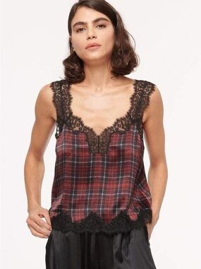 Cami NYC Tony Red and Black Plaid Lace-Trim Crop Camisole M